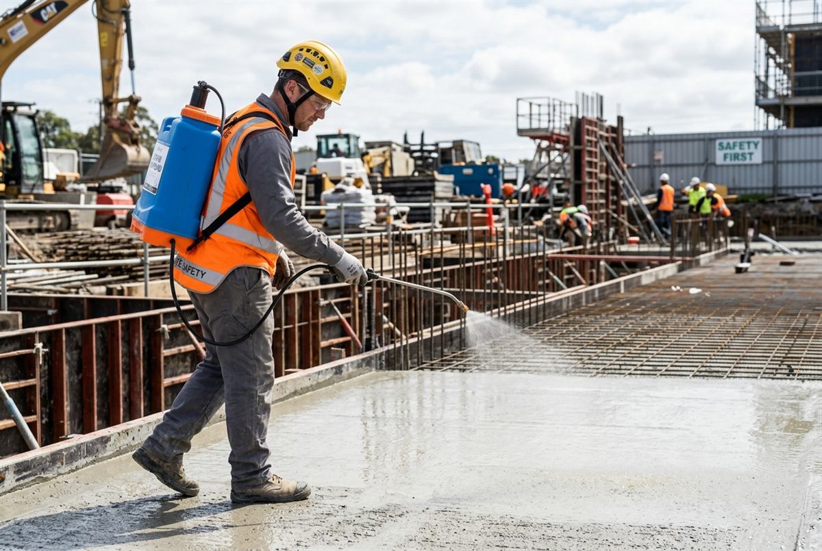 Aplicação de cura química em laje de concreto