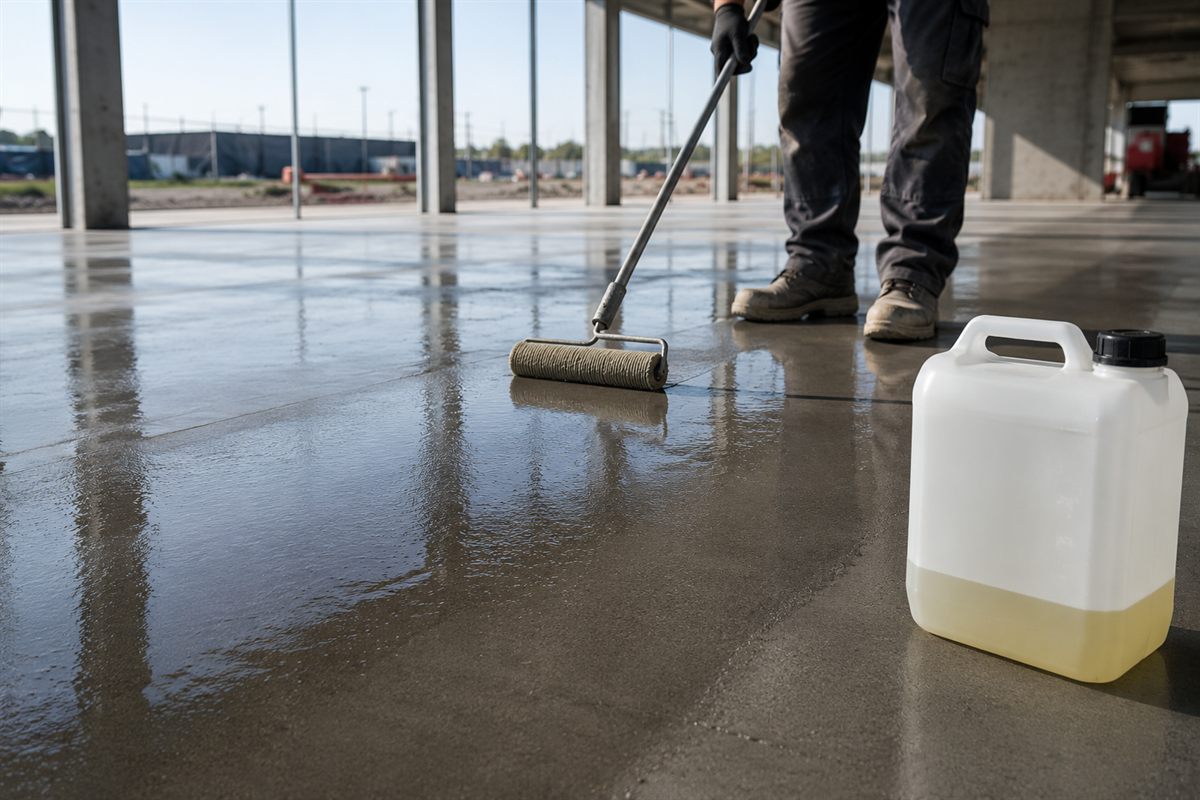 Aplicação de endurecedor de superfície em piso de concreto